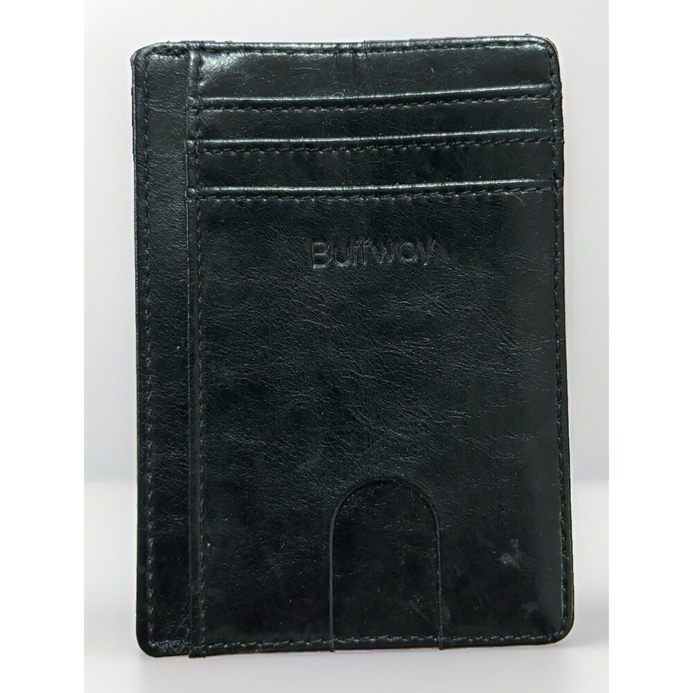 Buffway Slim Card Wallet RFID Blocking Minimalist Black Vegan Faux Leather